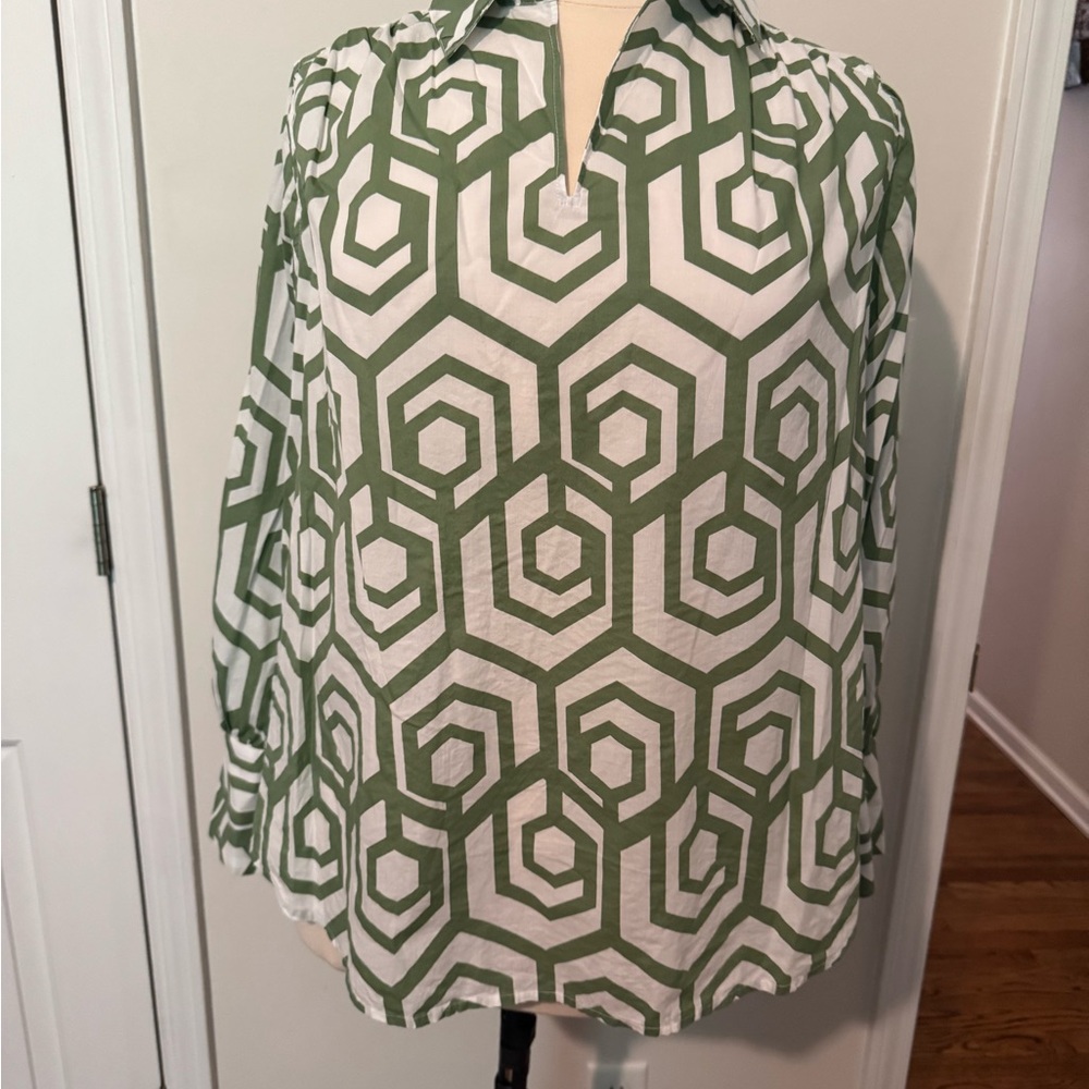 Lane Bryant Green and White Patterned Top